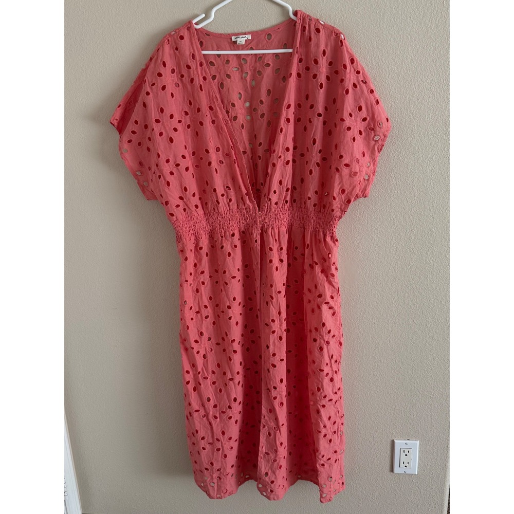 Ultra Pink Eyelet Embroidered Cotton Duster Dress Coral Pink V-Neck Smocked L/XL